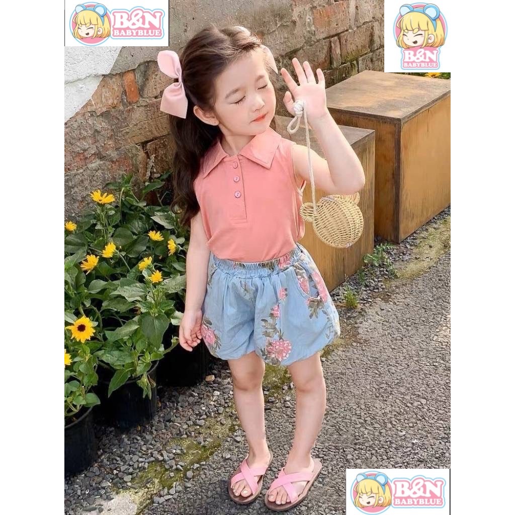 ชุดเซ็ตแฟชั่นเด็กหญิง ขาสั้น พิมพ์ลายดอกน่ารักถูกใจแม่สุดๆ รหัส Tol สี ชมพู ไซส์ s,m,l,xl