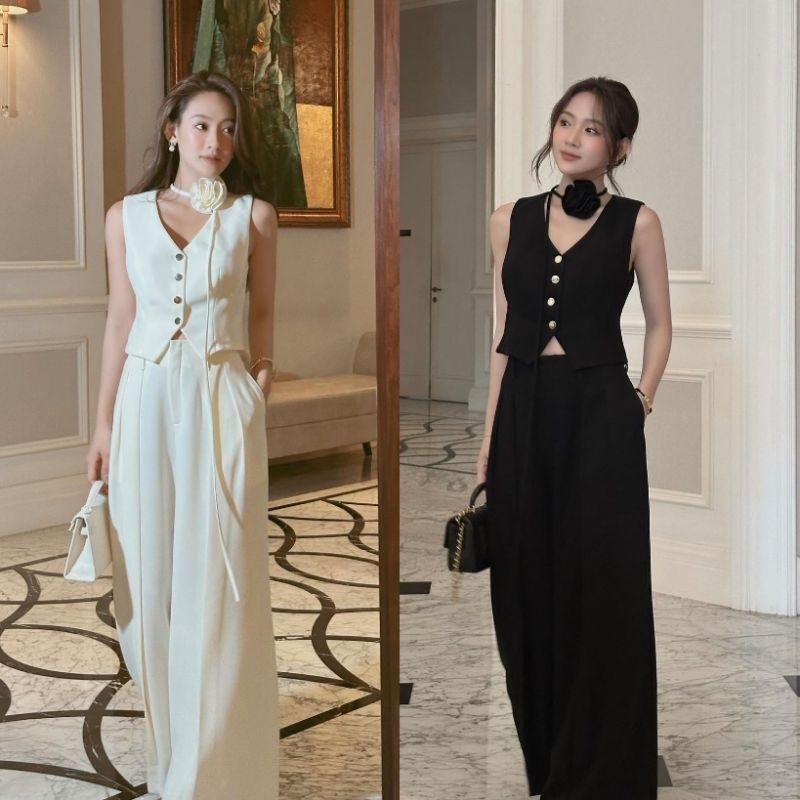 Swan ชุดเซ็ตเสื้อกางเกงขายาวสีครีม/สีดำ