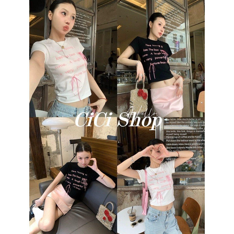 Cicishop(93166)เสื้อยืดคอกลมแขนสั้นงานพิมพ์ลายตัวอักษร detail แต่งโบว์สไตล์สาวเกาหลี
