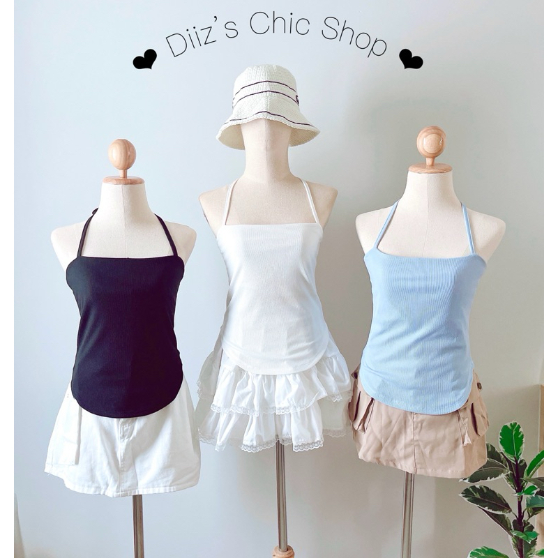 ❤️ Diiz’s ❤️ เสื้อเกาะอก ผูกคอ ชายโค้ง ผ้าร่องเล็ก แฟชั่นมาแรง ทรงสวยสุด