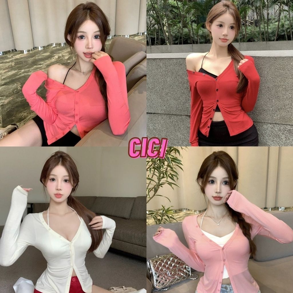 ส่งทันที Cici (SALE 93175)เสื้อคลุมแขนยาวคอวี ดีเทลแต่งกระดุมเยอะ กระดุมสามารถใช้งานได้จริงสไตล์สาวหวาน