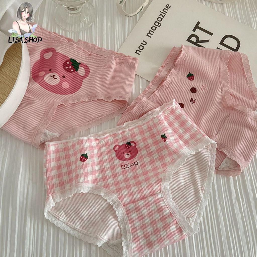 กางเกงชั้นใน โทนสีชมพู เอวกลาง ลายการ์ตูนหมีสตรอเบอร์รี่ สําหรับผู้หญิง CS034