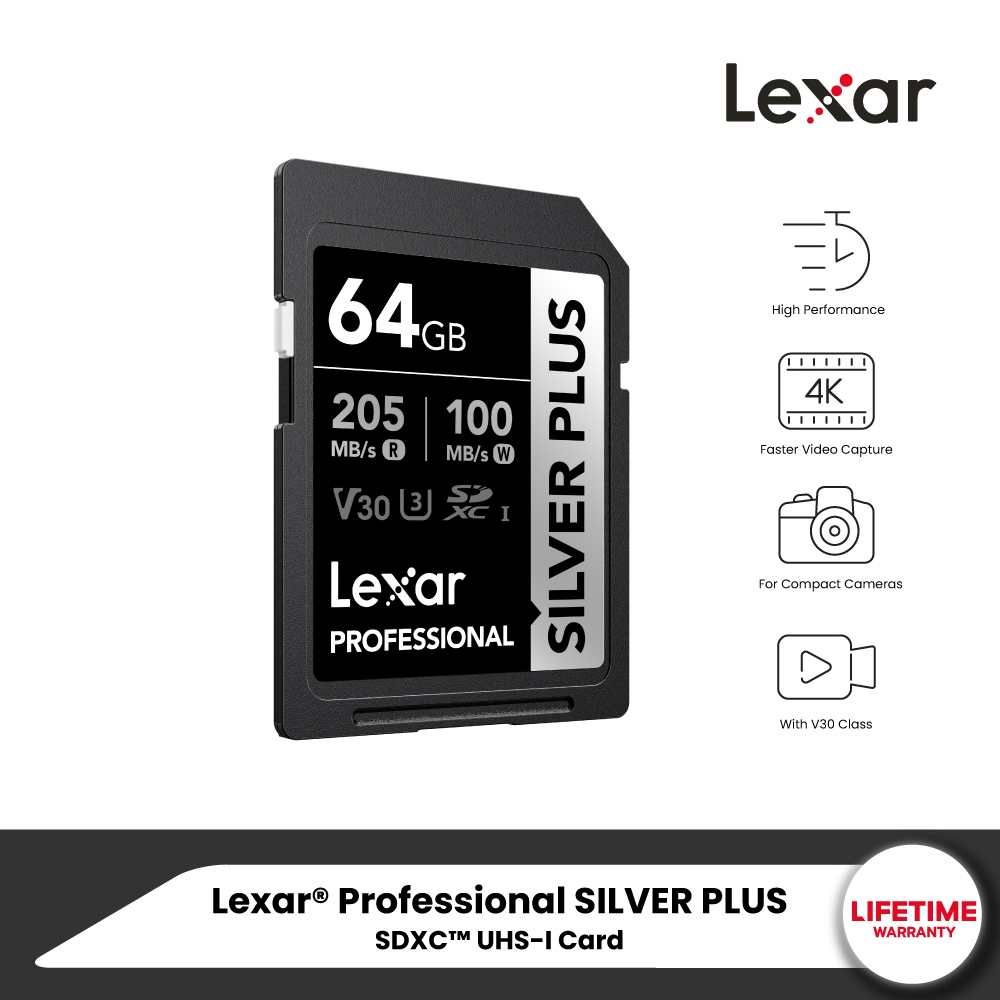 Lexar SILVER PLUS 64GB UHS-I U3 V30 SDXC (เอสดีการ์ด) Full-HD 3D 4K RW205/100MB/s (LSDSIPL064G) เมมโมรี่การ์ด