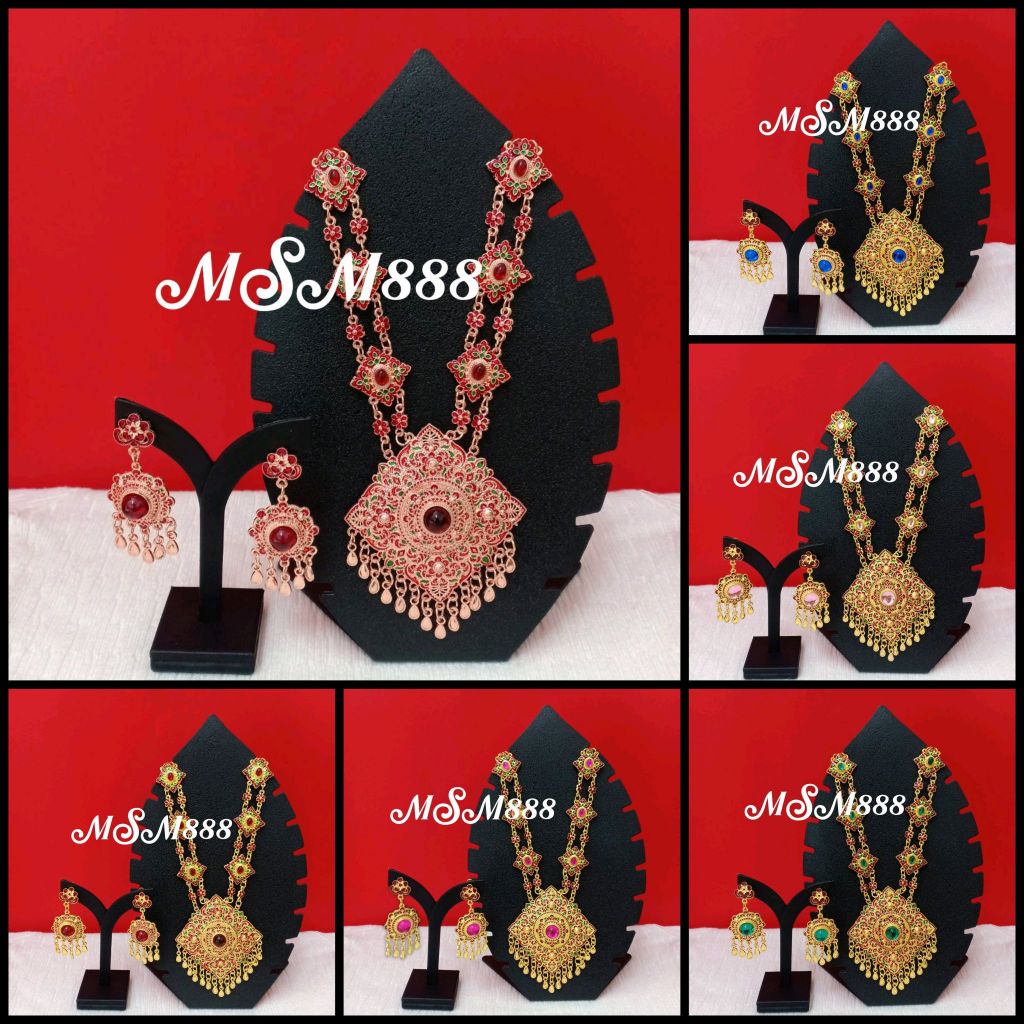 สร้อยคอพร้อมต่างหูงานลงยาประดับพลอย (ต่างหูแบบหนีบ) เครื่องประดับชุดไทยสีทอง สามารถใส่ได้ทั้งเด็กและ