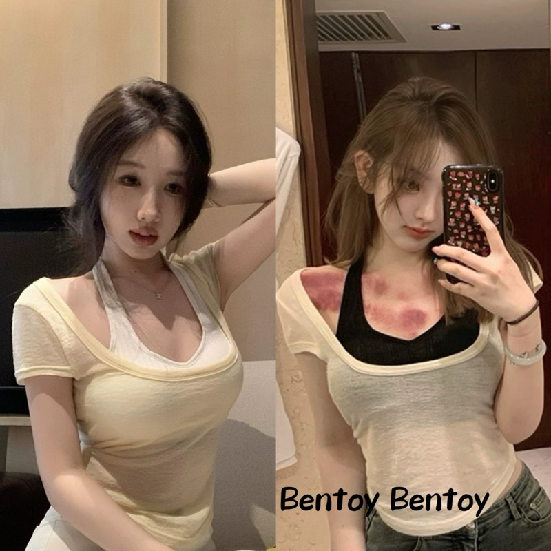 bentoy(Q260)เสื้อยืดแขนสั้น สองชิ้นติดกัน มีฟองน้ำในตัว Bratop ผ้านิ่มรัดรูป บางเบาใส่สบาย แต่งสายห้อยคอ สายเกาหลี