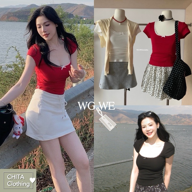 8681#เสื้อแขนสั้นคอแต่งลูกไม้ เนื้อผ้ายืดหยุ่นได้เยอะ TAG:WG.WE 🇰🇷