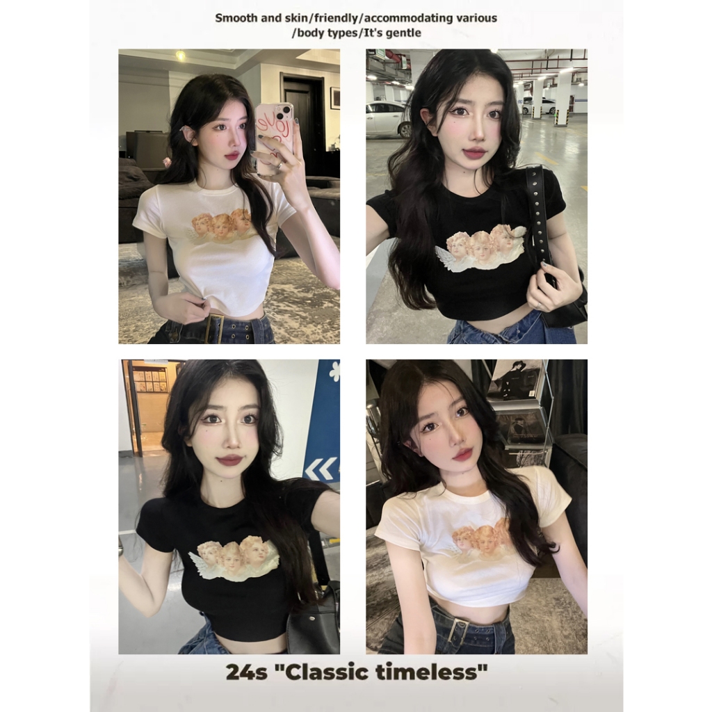 NAYIGUOJI เสื้อครอป เสื้อครอปสั้น เสื้อยืดผู้หญิง ทรงสลิมฟิต แฟชั่นฤดูร้อน T-shirt ส่งตรงเวลา