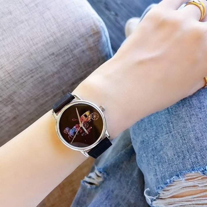 🌈COACH 14503585 GRAND MULTICOLORED FACE & BLACK LEATHER BAND WATCH🌈 นาฬิกาสายหนังสีดำหน้าปัดรถม้ารุ้