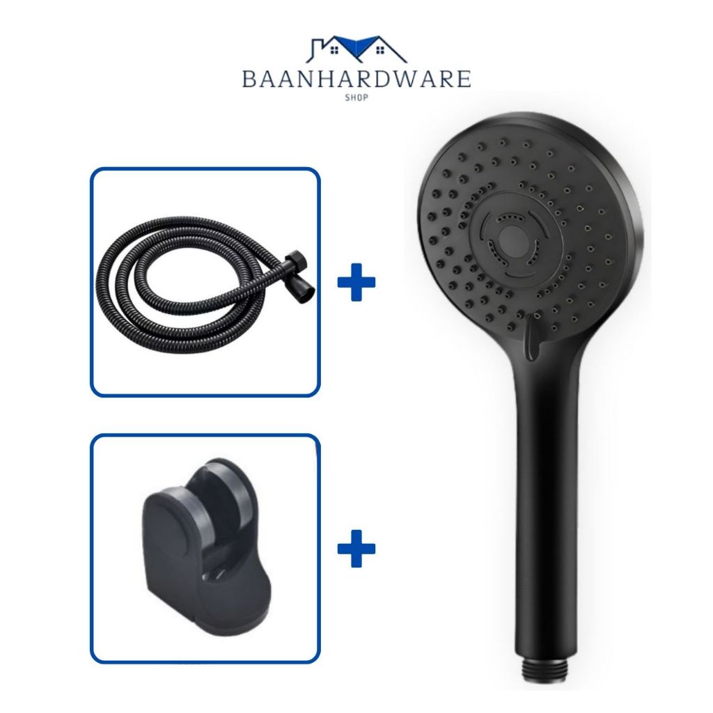BAANHARDWARE หัวฝักบัวแรงดันสูง ชุดฝักบัว ฝักบัวขาแขวนแบบแปะ ปรับได้3 ระดับ สีดำ MA-F-008BK