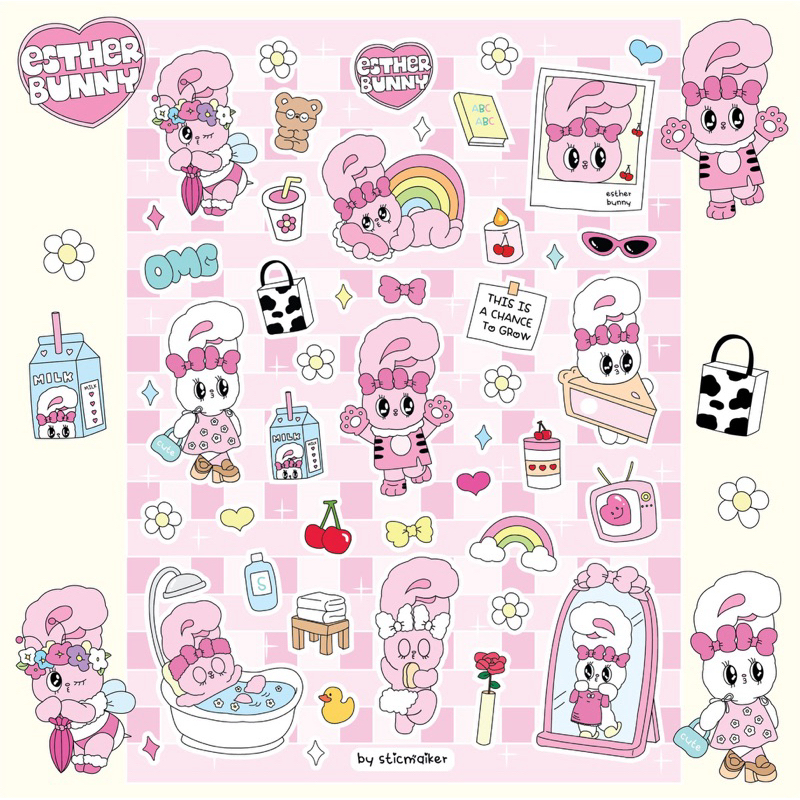 สติกเกอร์ pvc ลาย Esther Bunny สติกเกอร์ไดคัทพร้อมติด (ลงเรซิ่นทับได้) สีสวยคมชัด ไม่มีคราบกาว