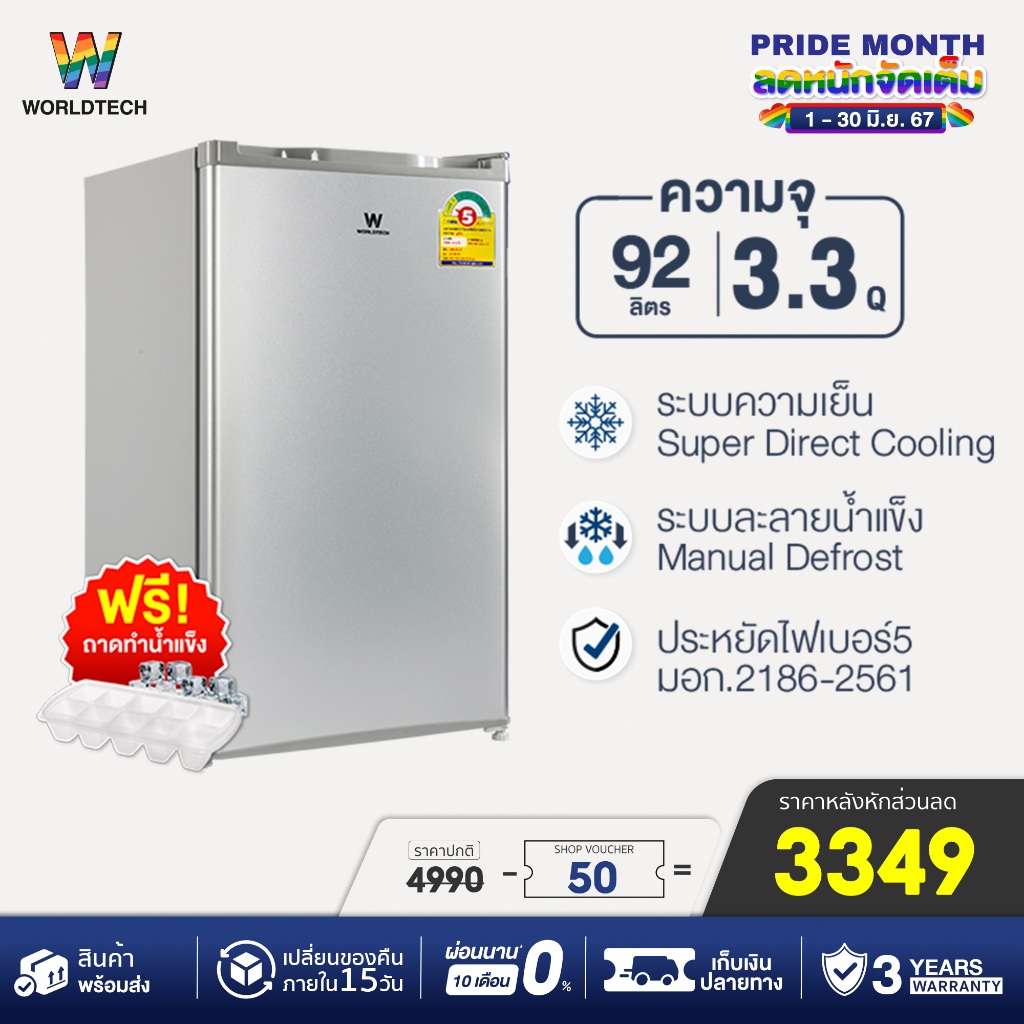 (ใช้โค้ดลดเพิ่ม) Worldtech ตู้เย็น 3.3 คิว ความจุ 92ลิตร รุ่นWT-RF101 ตู้เย็นขนาดเล็ก ประหยัดไฟเบอร์5 รับประกัน 3ปี