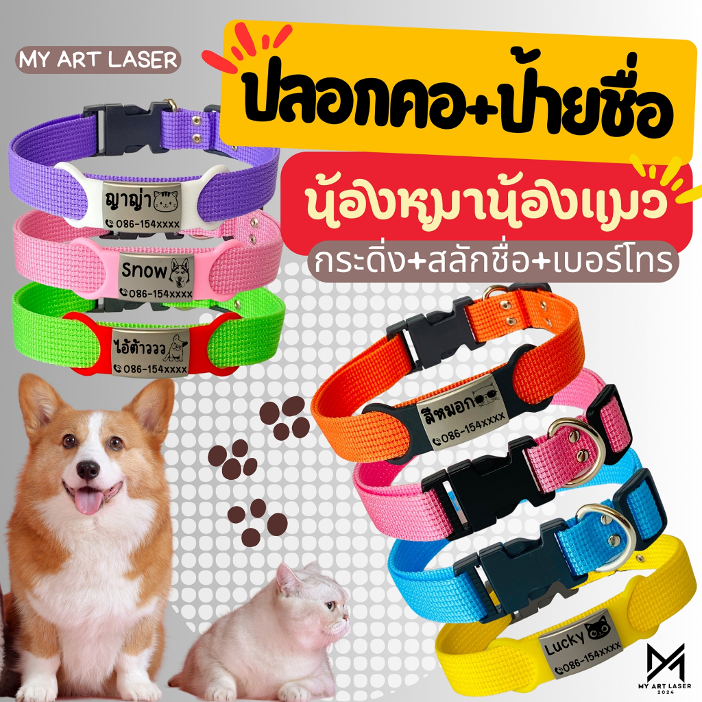 ป้ายชื่อสัตว์เลี้ยง+ปลอกคอ  ป้ายน้องหมาแมว กระดิ่งคละสี สแตนเลส (ยาง+ปลอกคอ)