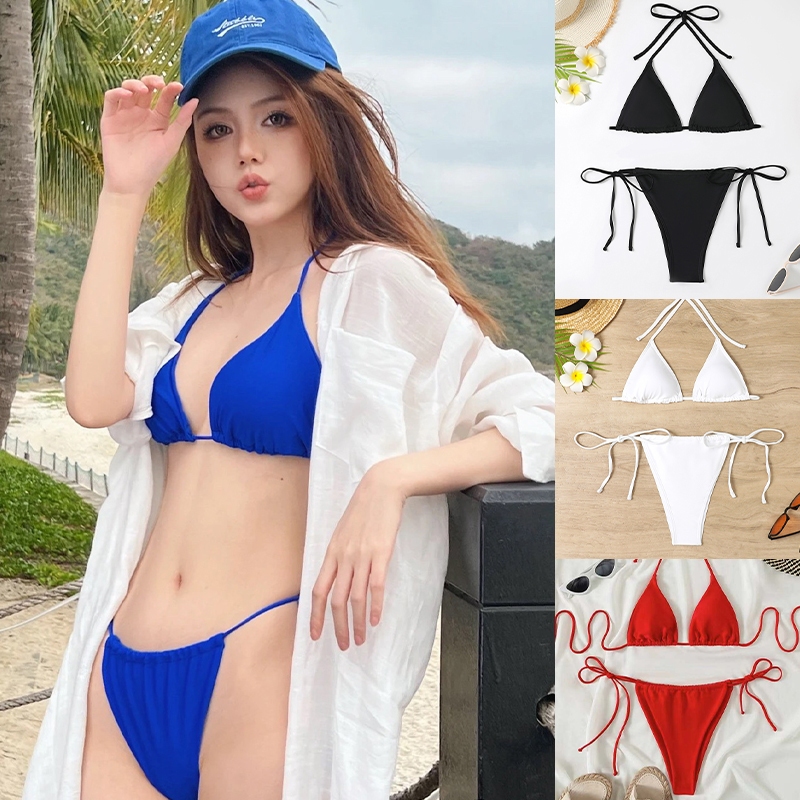 swim girlบิกินี่2ชิ้น ชุดว่ายน้ำ bikini สีดํา น้ําเงิน บรา ผูกคอ รุ่นใหม่#0327