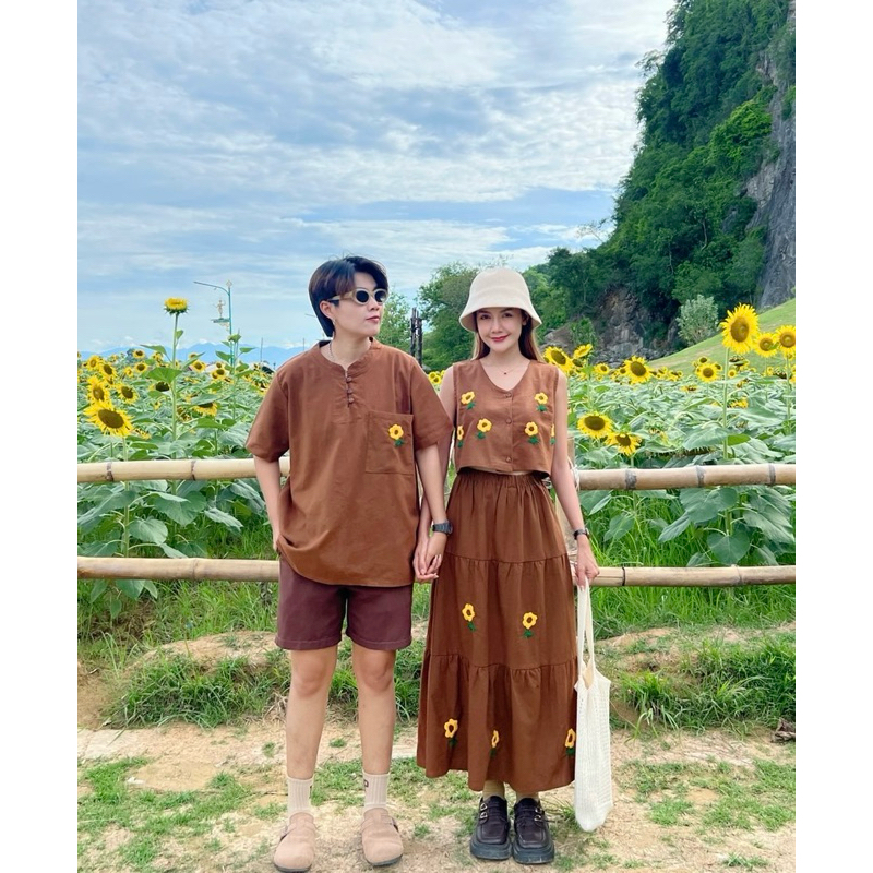 ชุดเซตแขนกุดสีน้ำตาลดอกบานบุรี