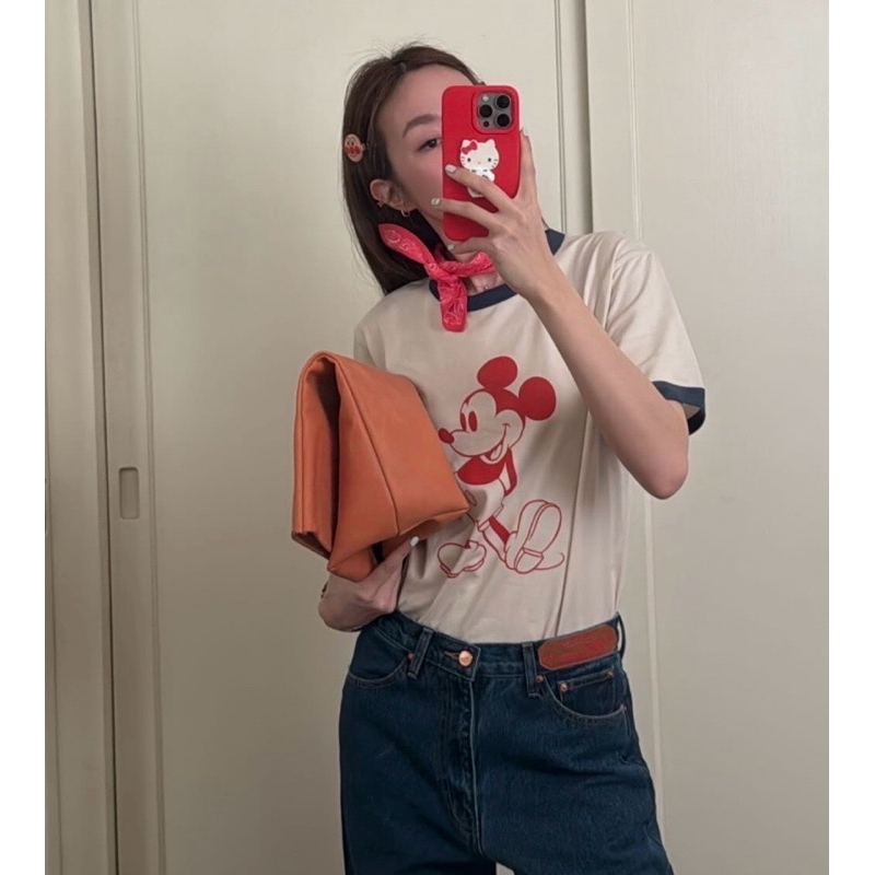 HIA PHI VINTAGE เสื้อยืดกุ๊นคอกุ๊นแขน ลายการ์ตูน มิกกี้เมาส์ Mickey Mouse T-Shirt