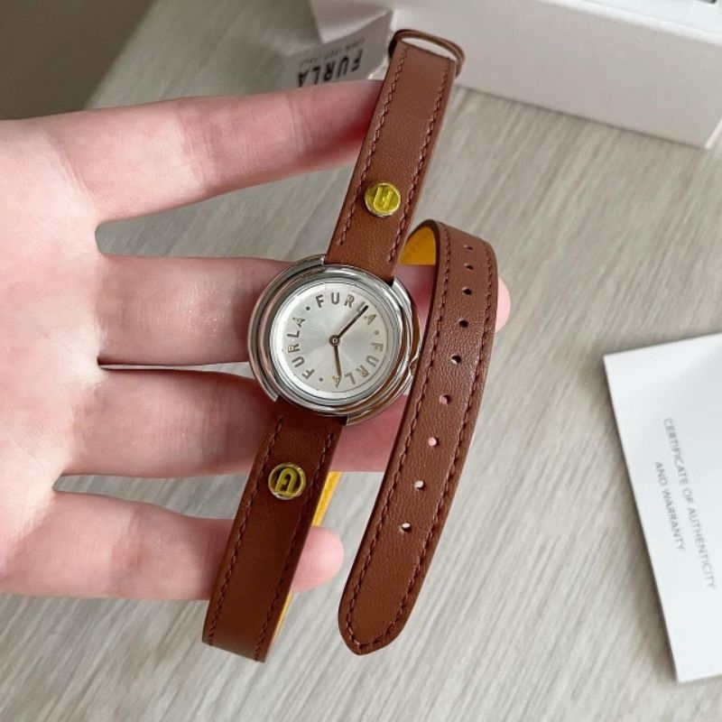 ⌚นาฬิกาข้อมือ สายหนังพัน2รอบสุดเก๋ New Furla icon shape brown leather watch size 30mm