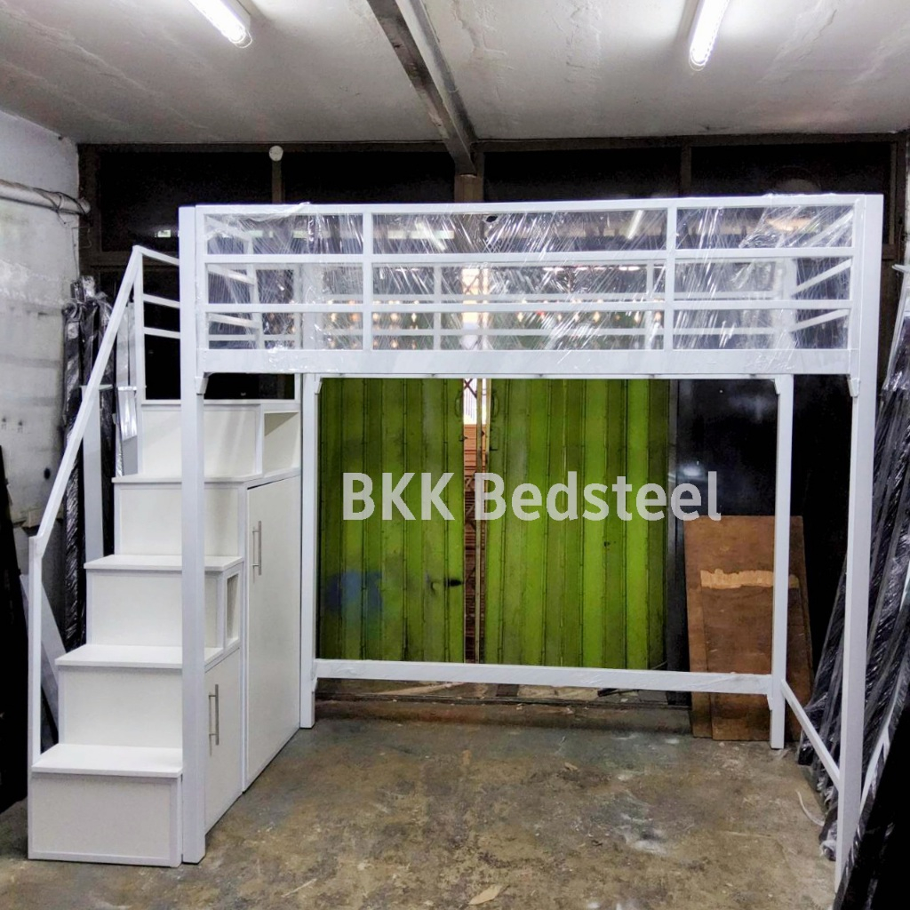 เตียง2ชั้น บันไดตู้เสื้อผ้าพร้อมตู้เก็บของ สีขาว เลือกได้3ขนาด เตียง3.5ฟุต เตียง5ฟุต เตียง6ฟุต