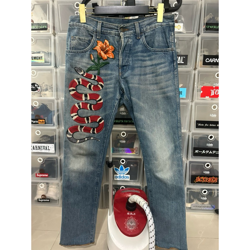 Gucci Men’s Blue Snake Embroidered Slim-fit Jeans