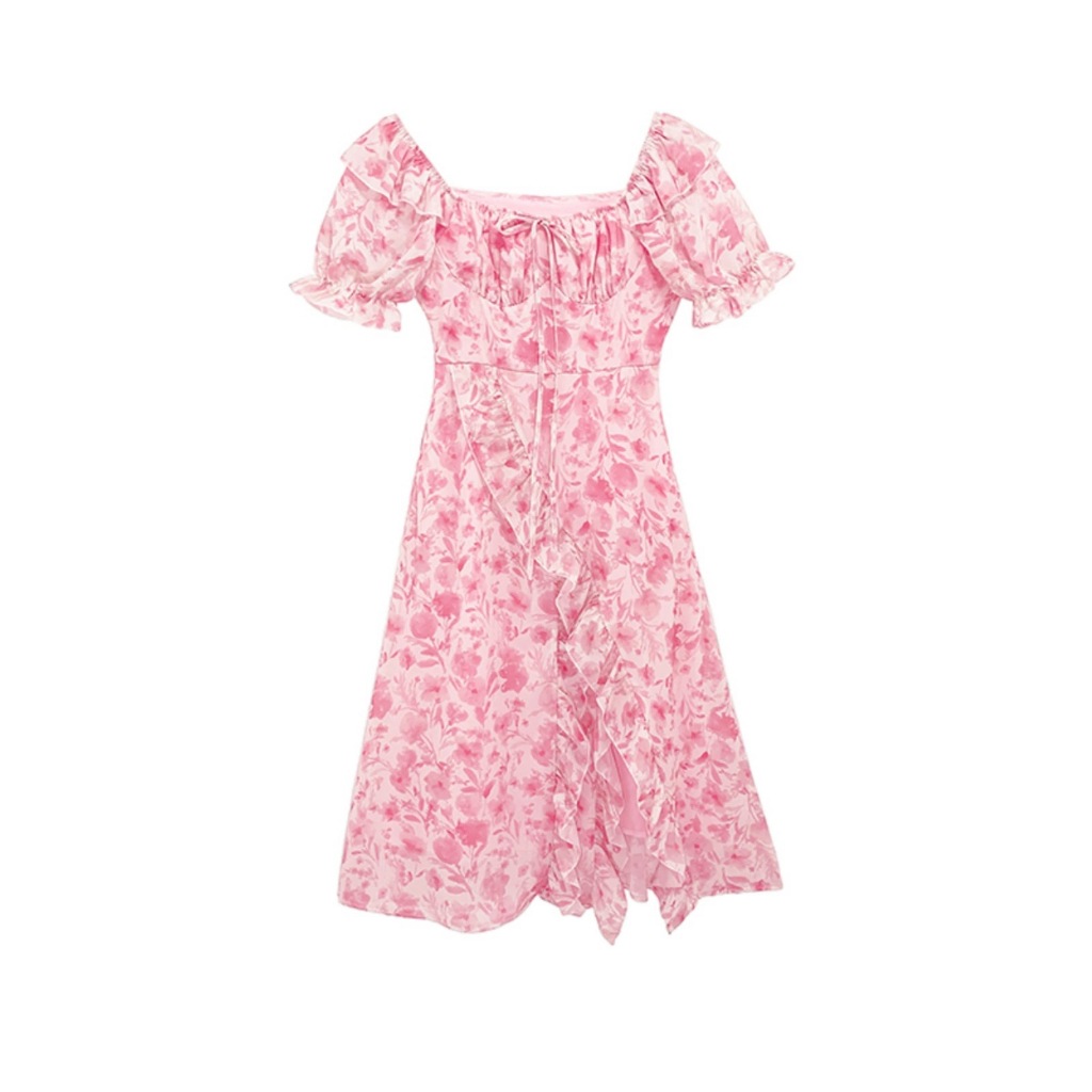 Beryl🌻ชุดเดรสลายดอกไม้ฝรั่งเศสสีชมพูใหม่ ชุดเดรสยาวดีไซน์ไม่สม่ำเสมอ - รูปที่ 4