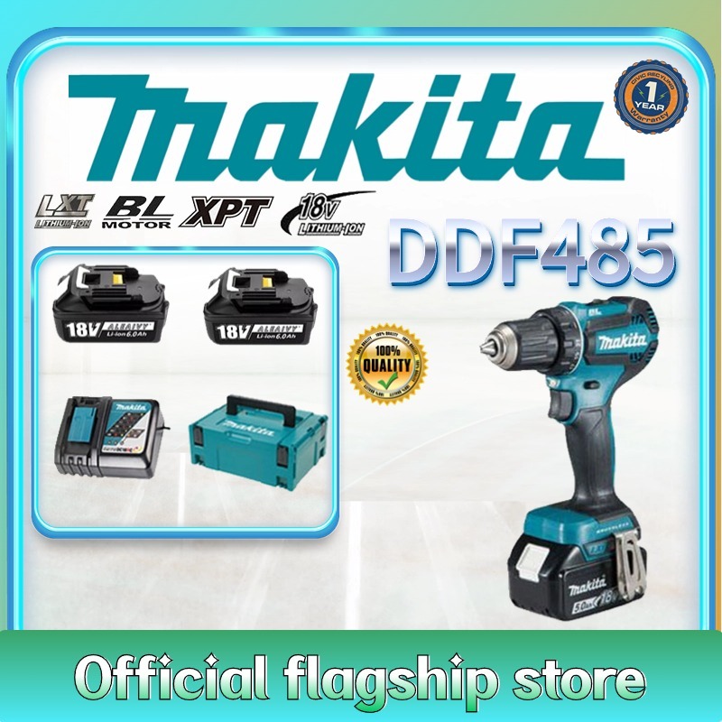 makita DDF485 สว่านกระแทกไฟฟ้าไร้แปรงถ่าน 18V, ไขควงเครื่องมือไฟฟ้าไร้สาย, แบตเตอรี่ลิเธียม 18V (COD &Original)