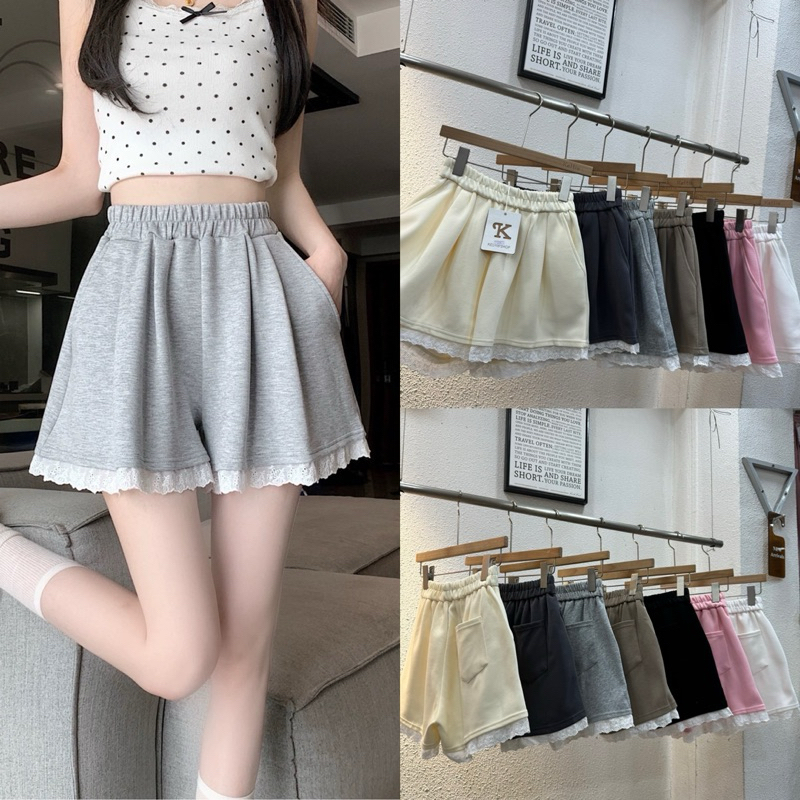 Gang_jeans#619(K) กางเกงขาสั้น แต่งระบายลูกไม้ มีกระเป๋าหลัง งานป้ายผ้าหนา ฟรีไซส์