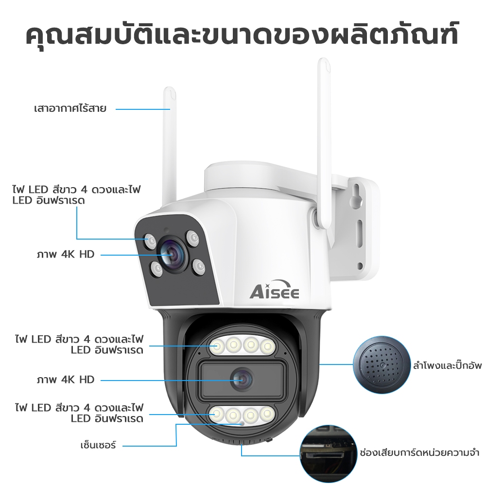 กล้องวงจรปิดใส่ซิม 4g กันน้ำ กล้องวงจรปิด4K 2เลนส์  เลนส์ล่างหมุนได้ รับชมสองพื้นที่ในเวลาเดียวกัน