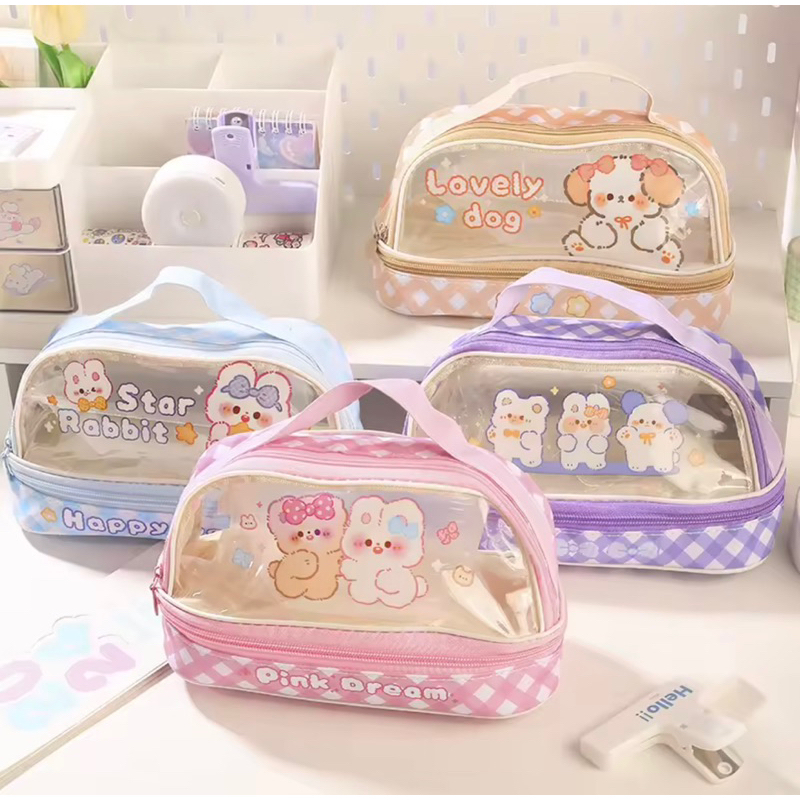 กล่องดินสอ กันน้ำ น่ารัก กล่องดินสอแบบใส สีสันสดใส จัดระเบียบ 2ชั้น
