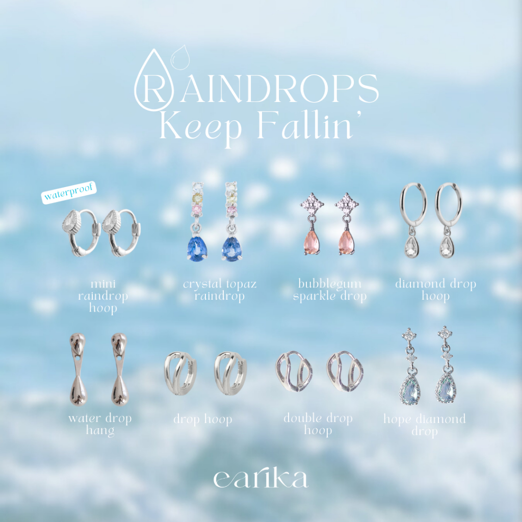 earika.earrings - raindrops keep fallin' collection ต่างหูทรงลายหยดน้ำเงินแท้ สำหรับผิวแพ้ง่าย