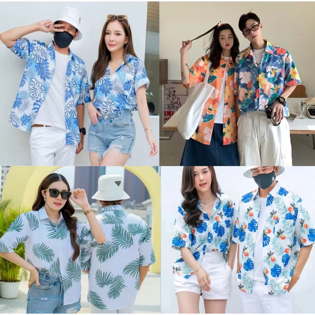 NEW Jie's shopเสื้อฮาวาย เสื้อเชิ้ตแขนสั้น พิมพ์ลาย เสื้อเชิ้ตแฟชั่น สำหรับผู้หญิงและผู้ชายc2024Hawaii JY10
