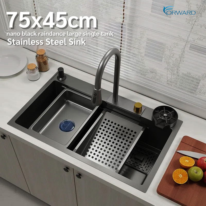 ซิงค์ล้างจานสแตนเลส อ่างล้างจานสแตนเลส ฟังก์ชั่นครบครัน เคลือบนาโนสีดำ ขนาด75x45ซม black stainless steel sink HM202211