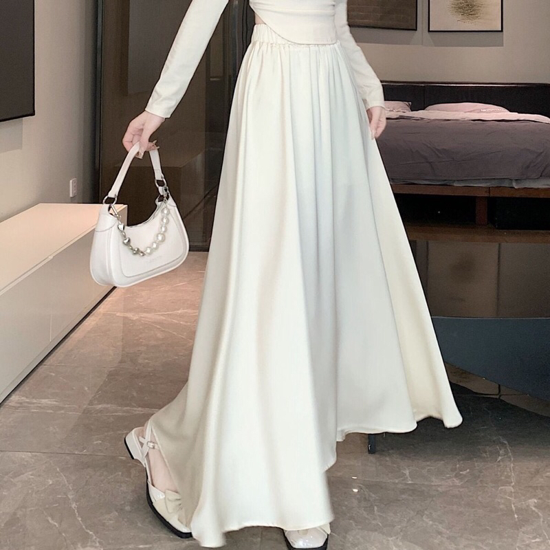 Lady_Sakura 9017-1/BH#กระโปรงยาว ผ้าซาติน เอวสูง ทรงเอ ขนาดใหญ่พิเศษ แฟชั่นฤดูใบไม้ผลิ