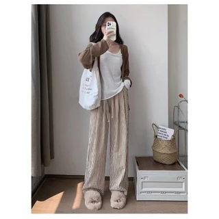 LINDAพร้อมส่งจากกทม กางเกงลายทาง สไตล์ลำลอง สำหรับผู้หญิง กางเกงขากว้างเอวสูงทรงหลวม(มี 2สี 4ขนาดให้เลือก)