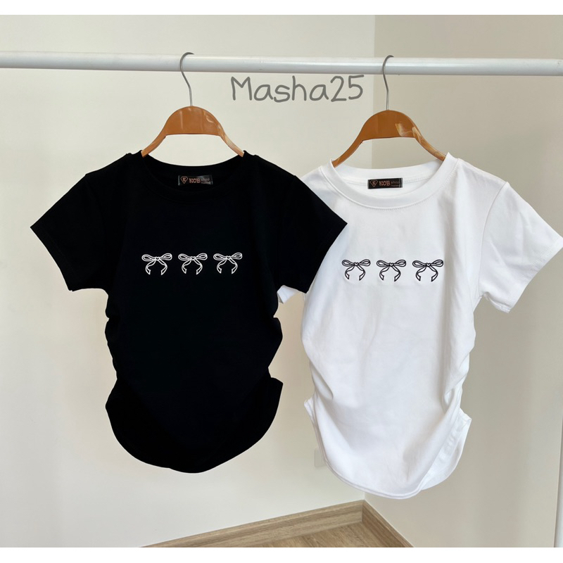 เสื้อยืดปักโบว์ พรางหุ่น เย็บย่นข้าง ผ้ายูนิโคล่