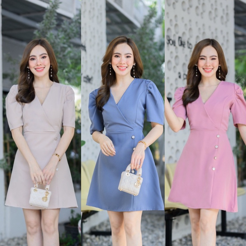 Darlene button dress เดรสทำงาน ออกงาน คอวีไขว้แต่งกระดุมหน้า ป้าย vera