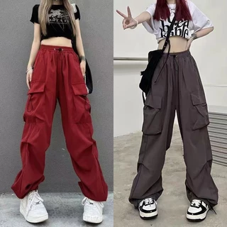 S-10XL กางเกงคาร์โก้สไตล์อเมริกัน กางเกงขากว้าง ทรงหลวม เอวปรับได้สามารถใส่ได้ทั้งผู้หญิงผู้ชาย