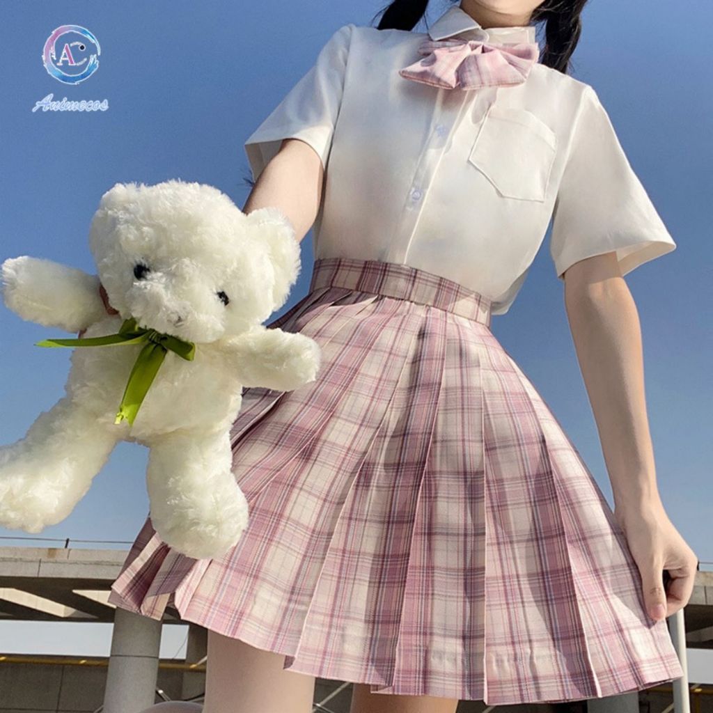 เครื่องแบบหญิงสาว กระโปรงลายสก๊อต JK สำหรับผู้หญิง เอวสูง กระโปรงจีบ Kawaii Harajuku กระโปรงสั้น