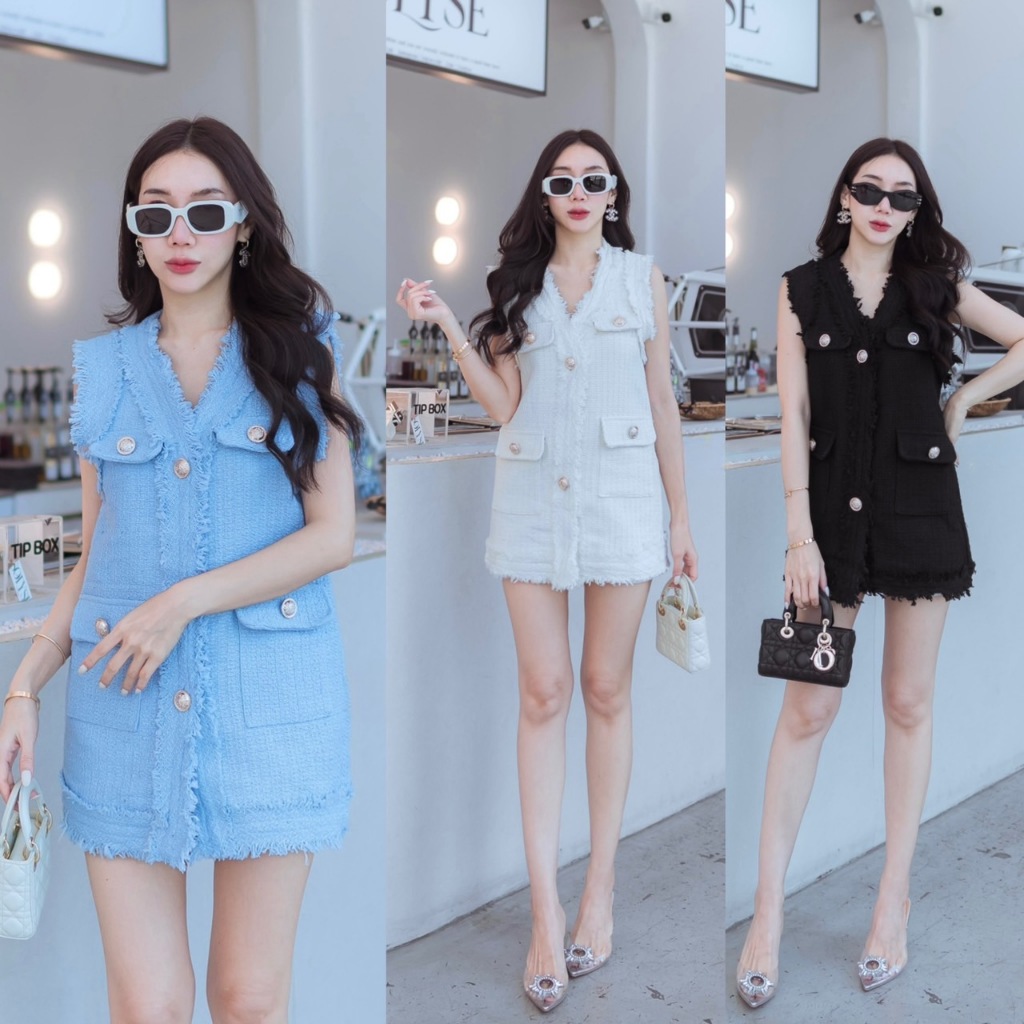 J840 JiraClothing มินิเดรสผ้าทวิตตัวสั้น แต่งกระดุมทอง