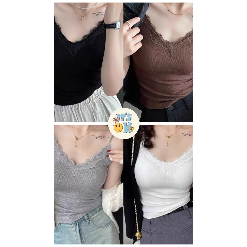 IT’S OK🌼🌼สายเดี่ยวลูกไม้ ดีเทลสายลูกไม้ยืดได้ ฟรีไซส์มีฟองน้ำในตัว กระดุมหน้าติดได้จริง2042