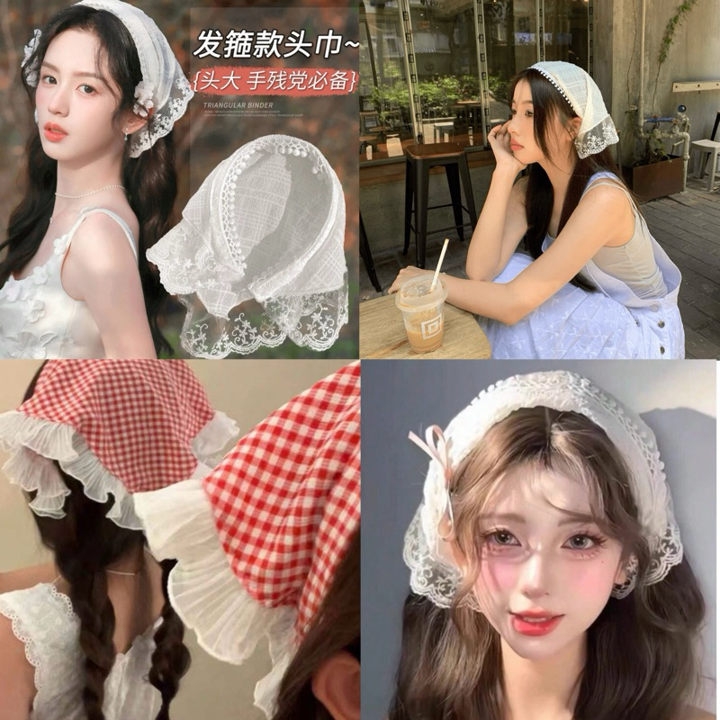 พร้อมส่ง ที่คาดผมผ้าสามเหลี่ยมแต่งลูกไม้ สไตล์ฝรั่งเศษ เครื่องประดับศรีษะ