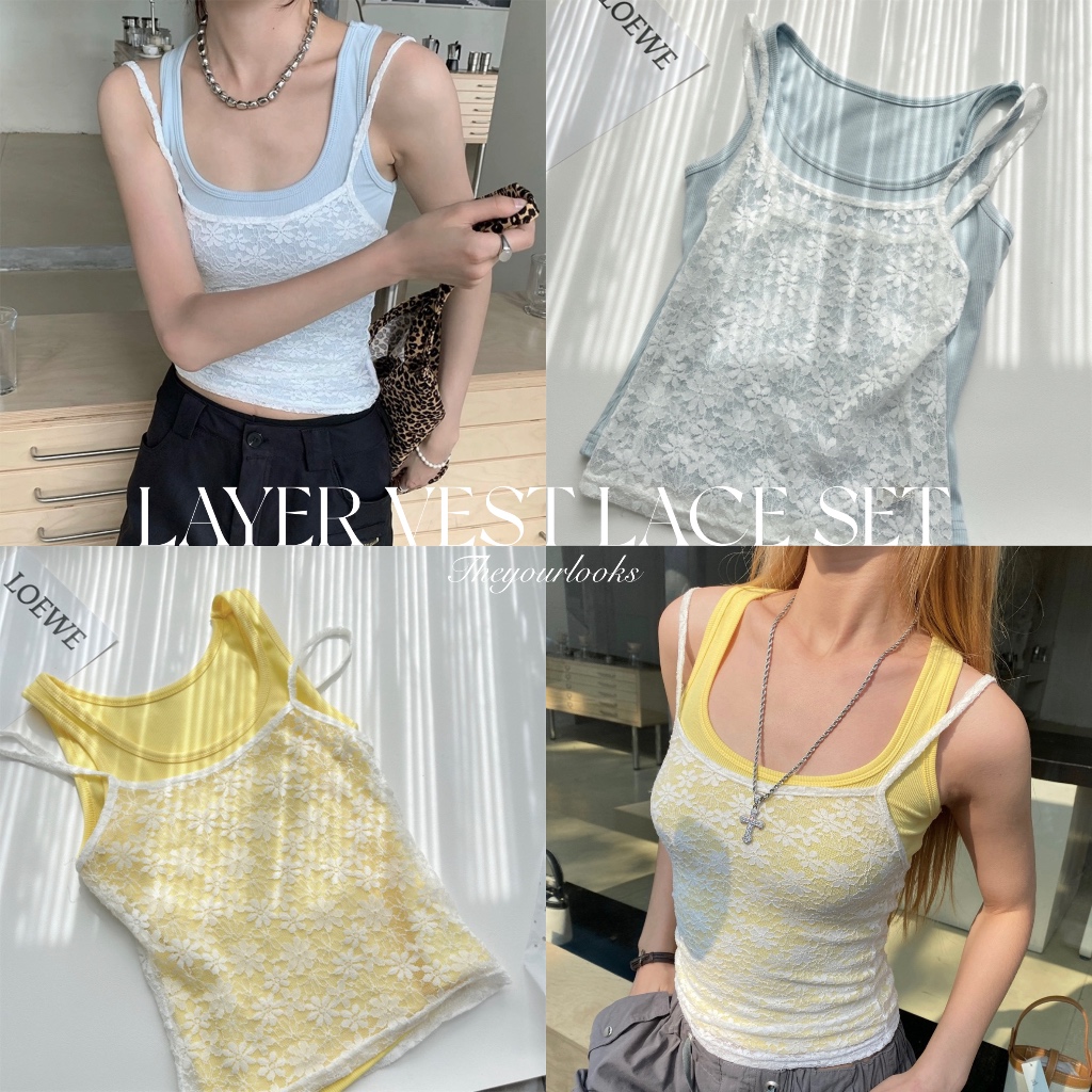 𝑇ℎ𝑒𝑦𝑜𝑢𝑟𝑙𝑜𝑜𝑘𝑠 720 #พร้อมส่ง Layer Vest Lace Set เซ็ต 2 ชิ้น เสื้อกล้าม สายเดี่ยวลูกไม้