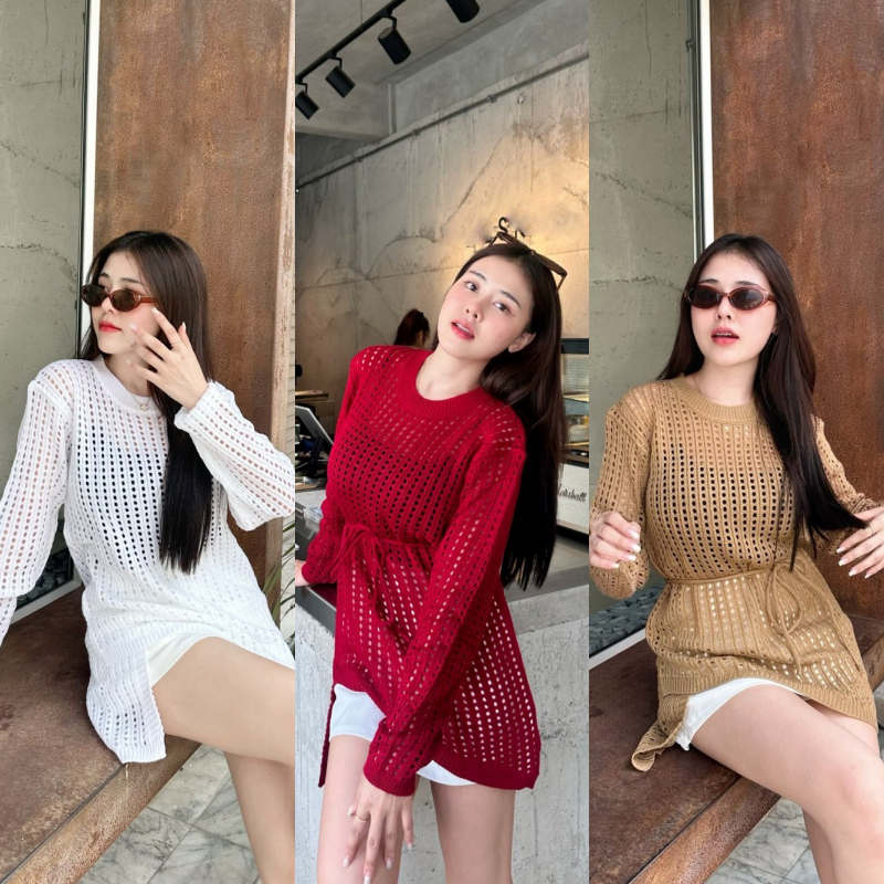 เสื้อไหมพรมถักแขนยาว ผ้ายืดตามตัว สาวอวบใส่ได้ค่า ใส่คลุมแมตช์ได้เยอะ ต้องมี รุ่น ทุกอย่าง