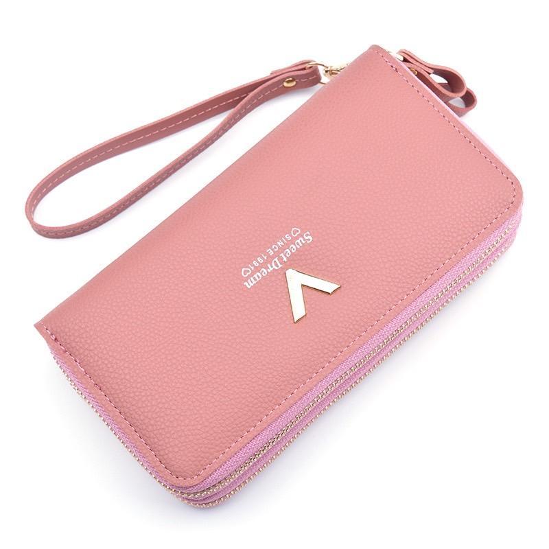 พร้อมจดส่ง ขายดี กระเป๋าสตางค์ใบยาวซิบคู่ โลโก้สีทองตัว วี (GC-001)