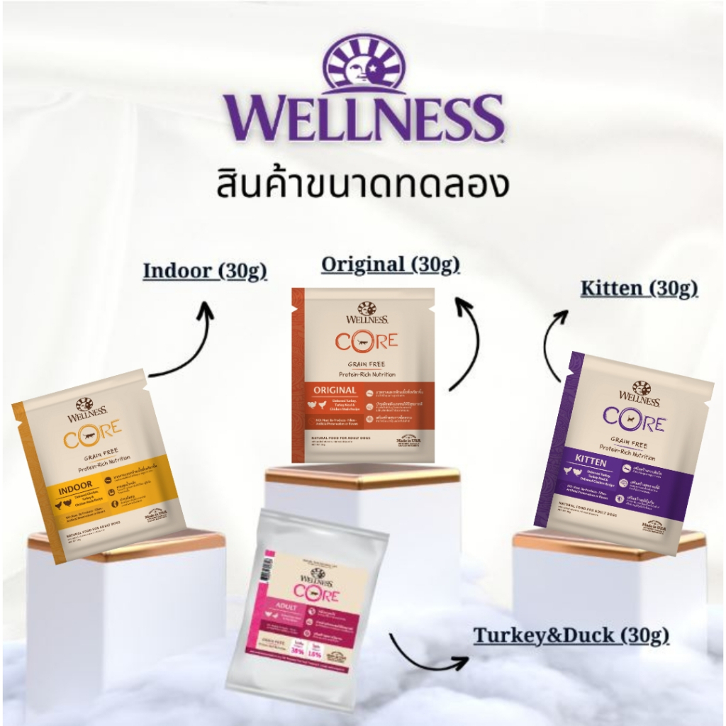 [สินค้าตัวอย่าง] WELLNESS CORE อาหารแมว มีให้เลือกหลายสูตรทุกช่วงวัย (แมวเด็ก - แมวโต)