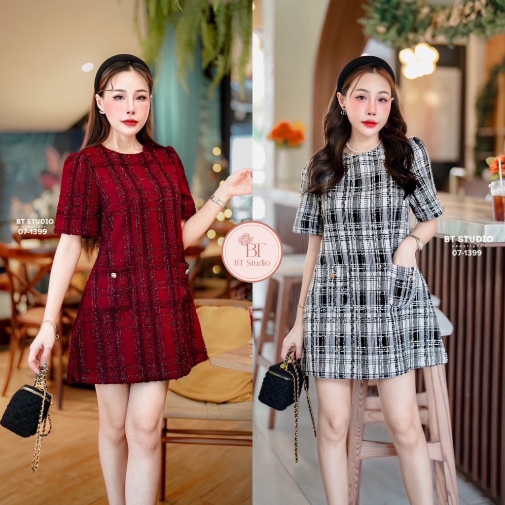 07-1399 เดรสสั้นผ้าทอลายดำแดง