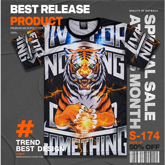 Hot Basic เสื้อยืด ลายเสือไฟฟ้า Tiger | สตรีท | พิมพ์ลายเต็มตัว | S174
