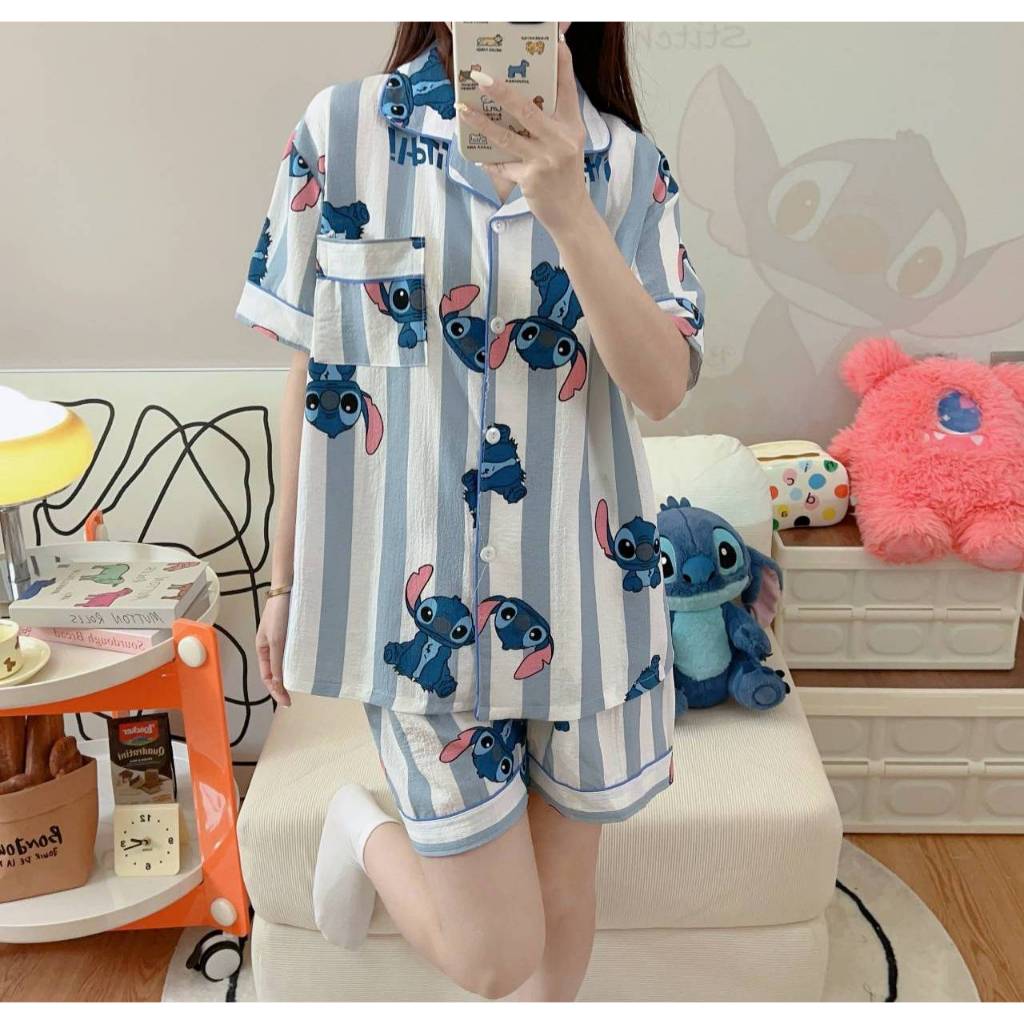 ชุดนอนผ้าฝ้าย 2XL เสื้อแขนสั้น กางเกงขาสั้น