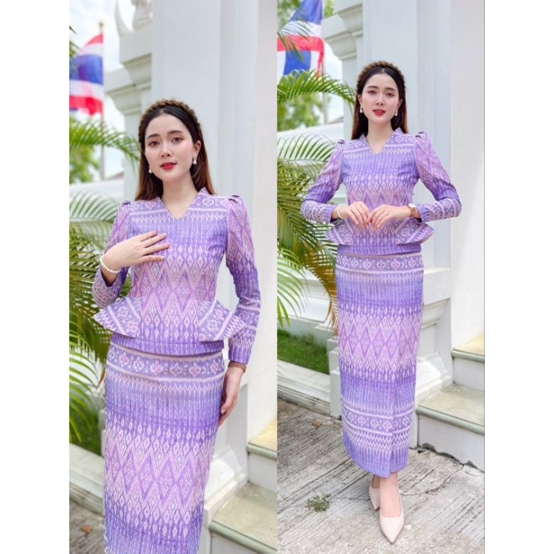 ชุดเช็ตผ้าฝ้ายทอลาย เสื้อ+กระโปรงป้ายสำเร็จ