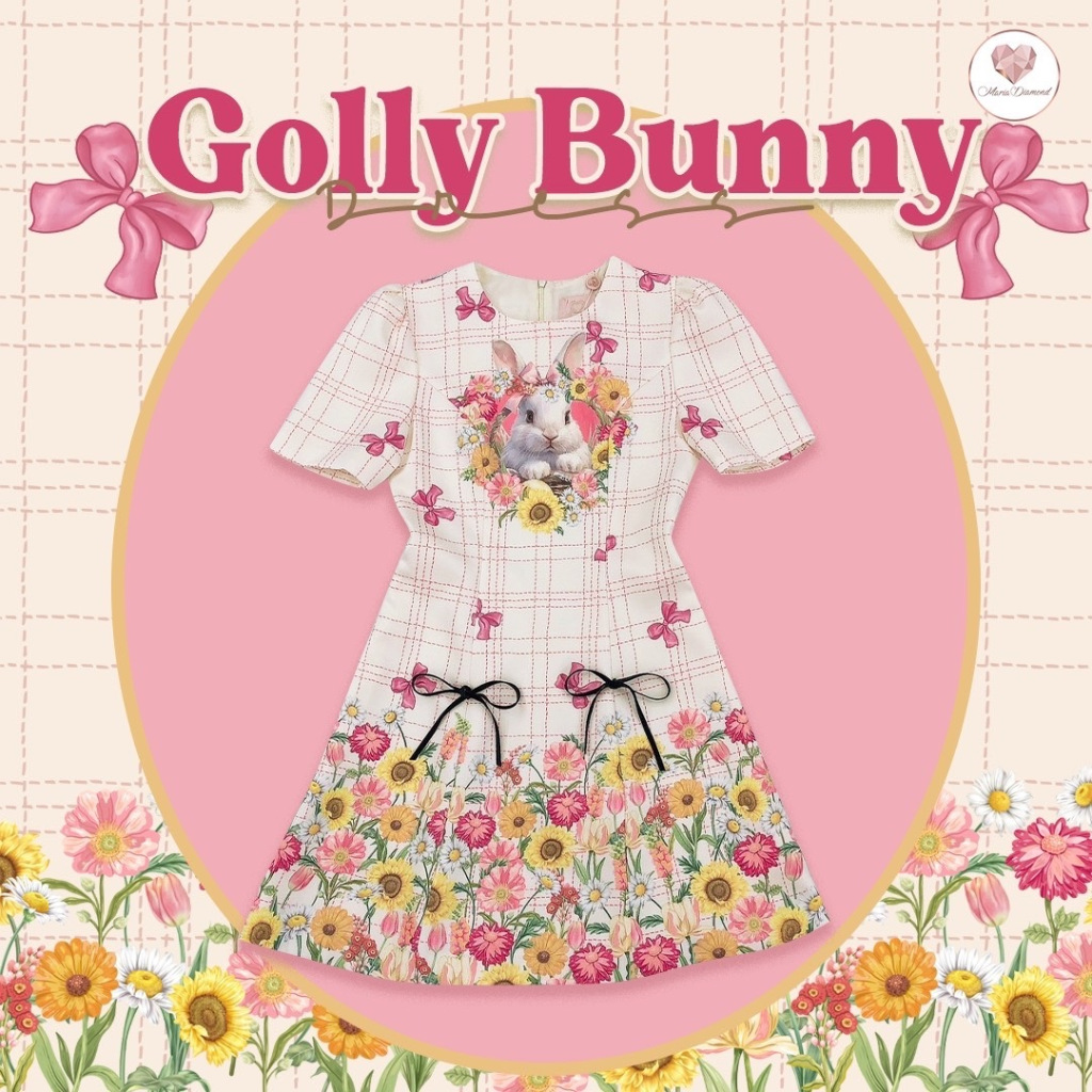 (มี 2XL) Golly Bunny Dress เดรสสั้นสีครีมลายตาราง คอกลม แขนสั้น งานพิมพ์ลายน้องกระต่าย แต่งดีเทลโบว์