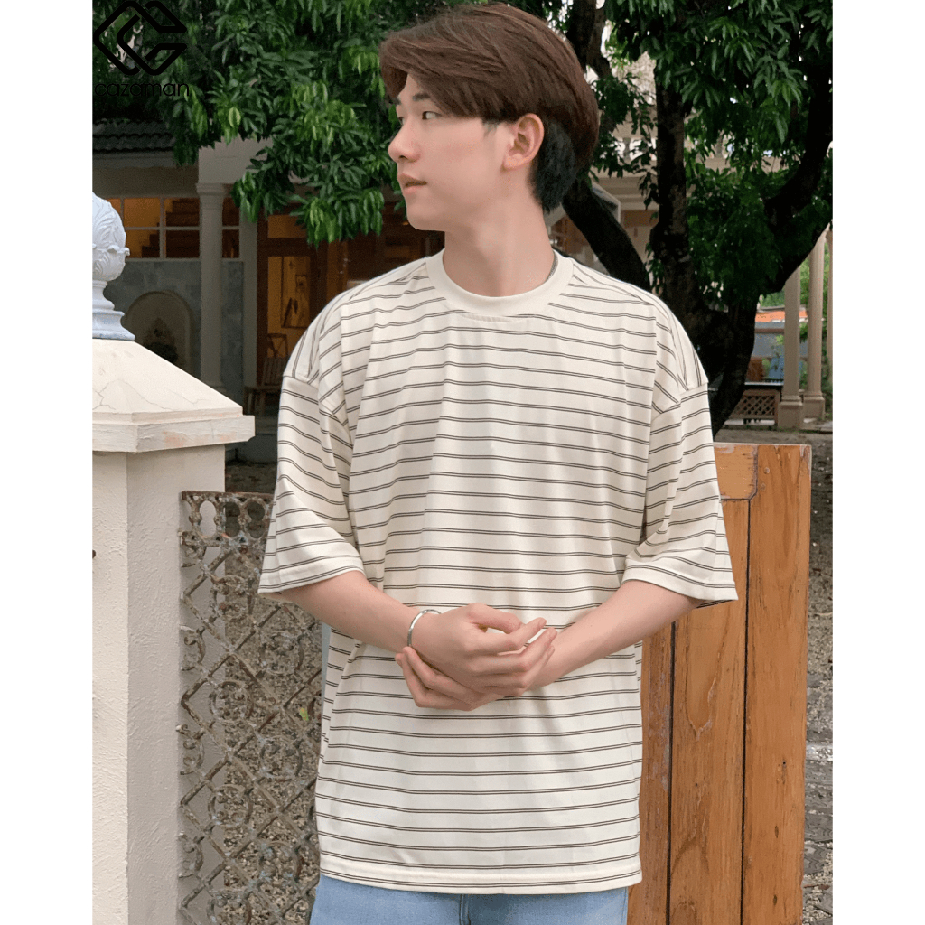 CAZAMAN เสื้อยืด Oversized ลายทาง เสื้อคอนตอน คมกลม คอฟิต 2343 - รูปที่ 3