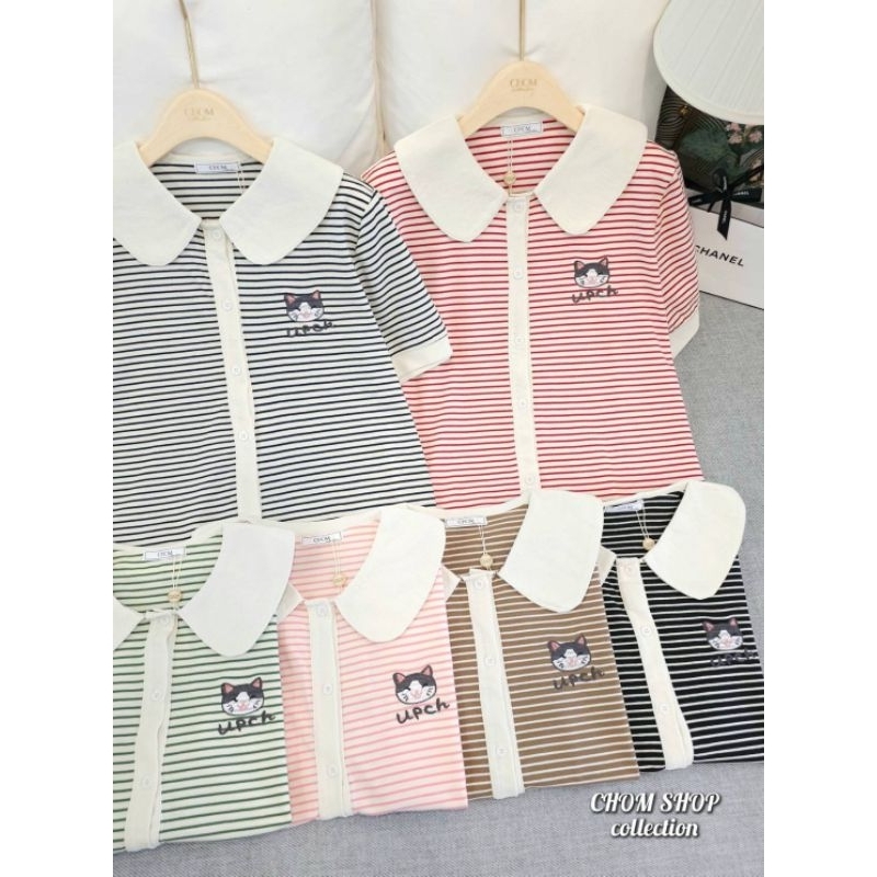 เสื้อแขนสั้น คอบัว ลายขวาง ปักอกแมว ป้าย Chom อก 44